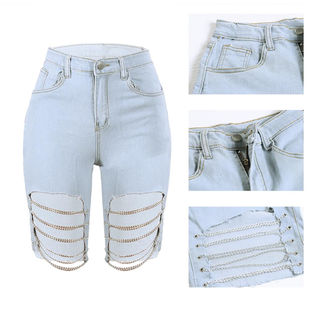 MN237 New fashion women's shredded chain design and knee jeans