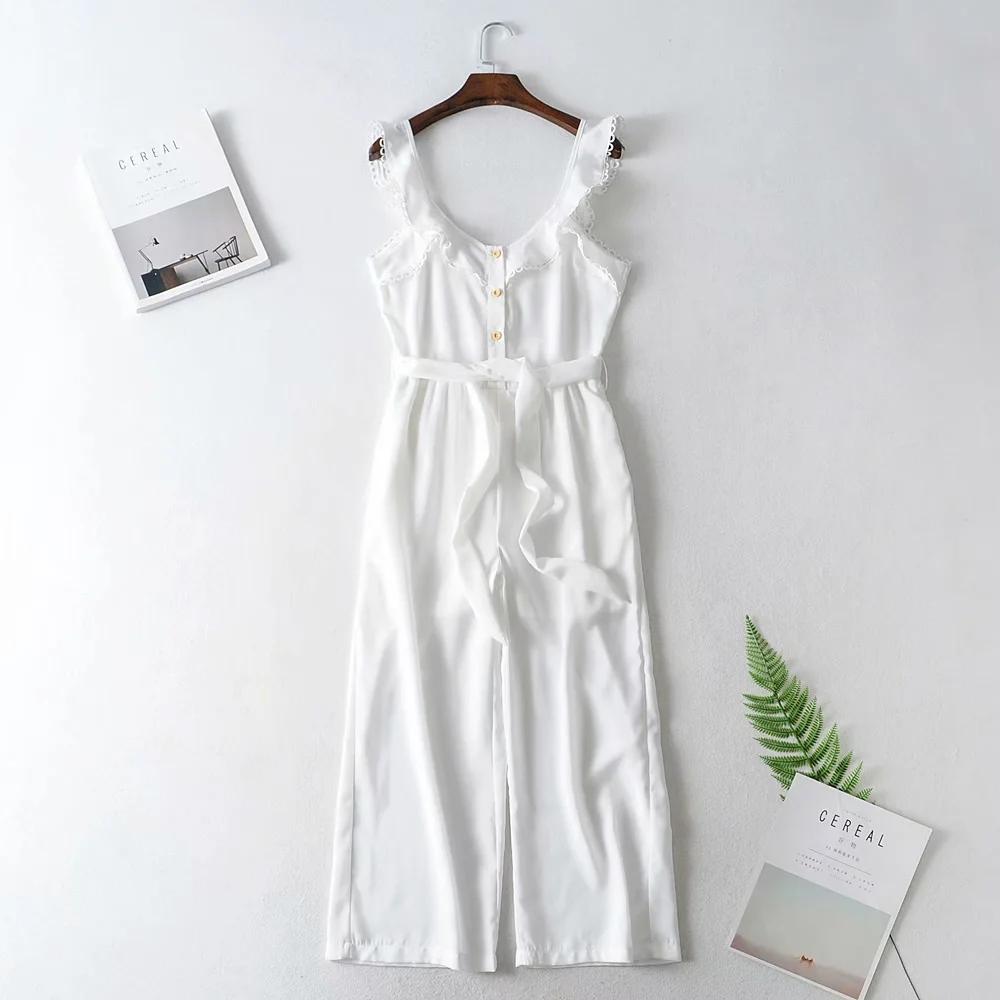 Ruffle Sleeveless Button White Jumpsuits Overalls Wide Leg Hollow Out