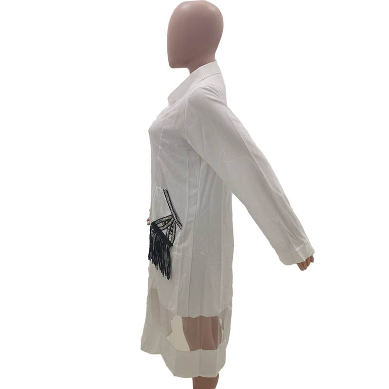 High Quality Casual Stitching Mesh Cardigan Shirt Midi Dress