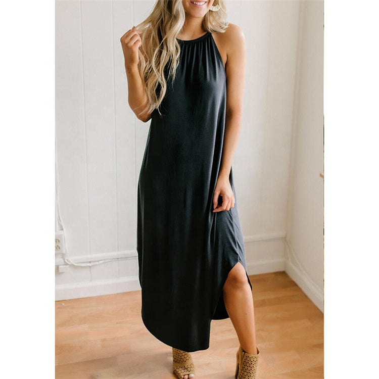 Women Dress Summer 2021 Casual Sleeveless Halter Solid Beach Long