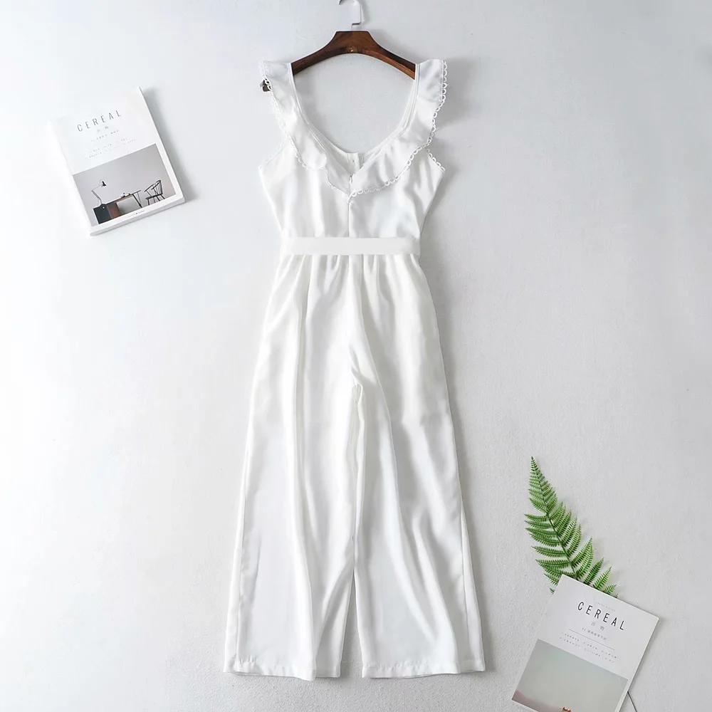 Ruffle Sleeveless Button White Jumpsuits Overalls Wide Leg Hollow Out