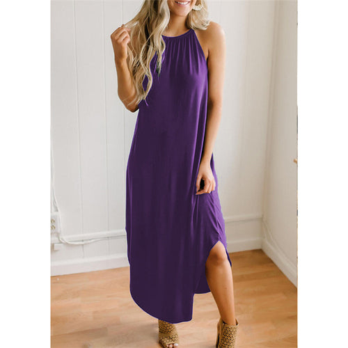 Women Dress Summer 2021 Casual Sleeveless Halter Solid Beach Long