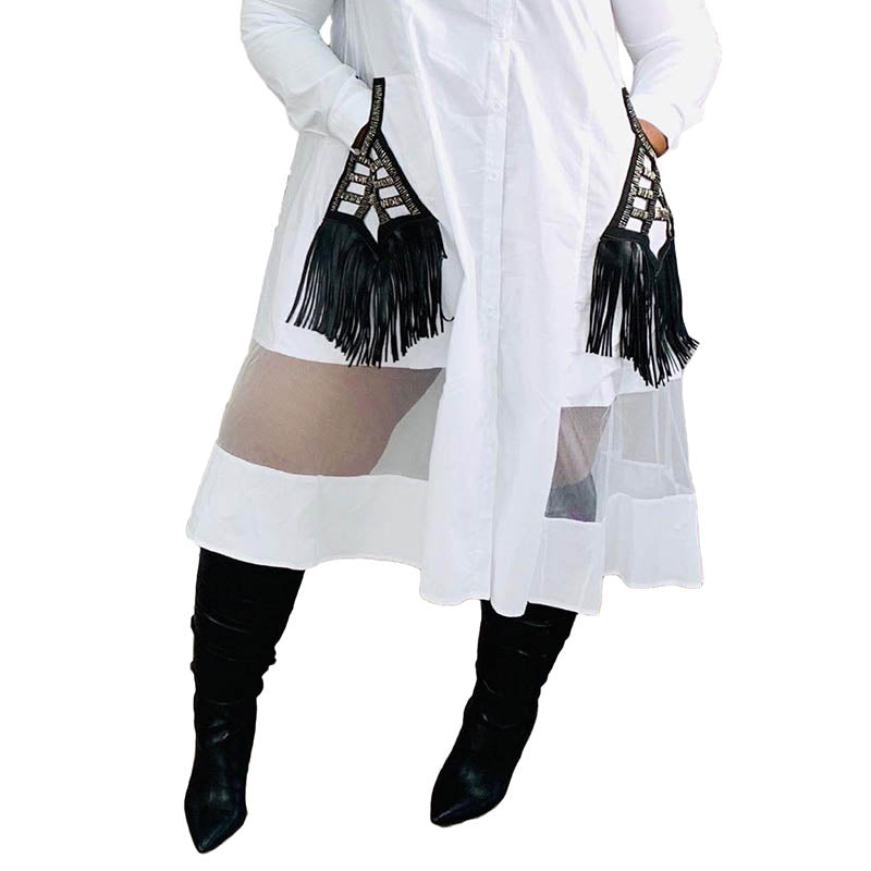 High Quality Casual Stitching Mesh Cardigan Shirt Midi Dress