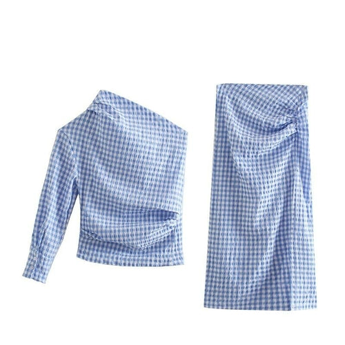 Woman Blue Skew Collar Plaid  Tops Ladies Elegant Button Top Female