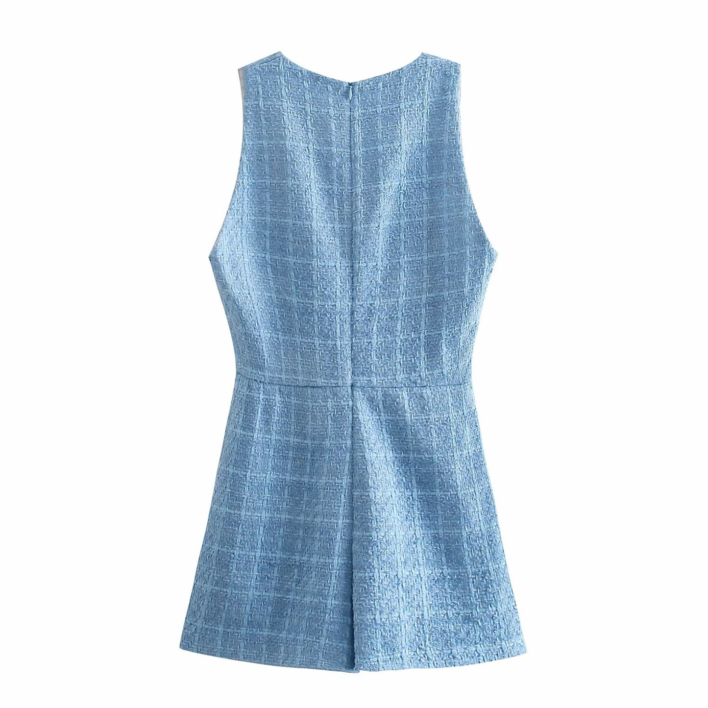 Tweed Knitted Blue Rompers Overalls Spring Autumn Ladies V Neck