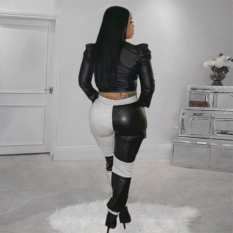 European and American mid-waist pants sweater leather stitching