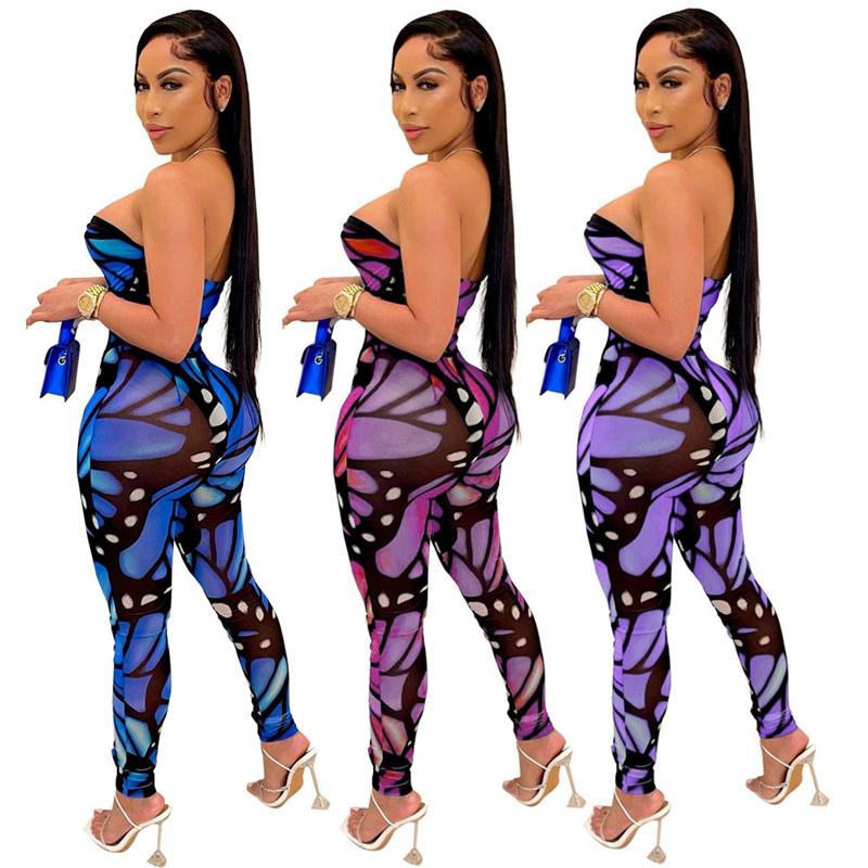 Butterfly Print Sexy Jumpsuit Women Bodycon Club Party Rompers Womens