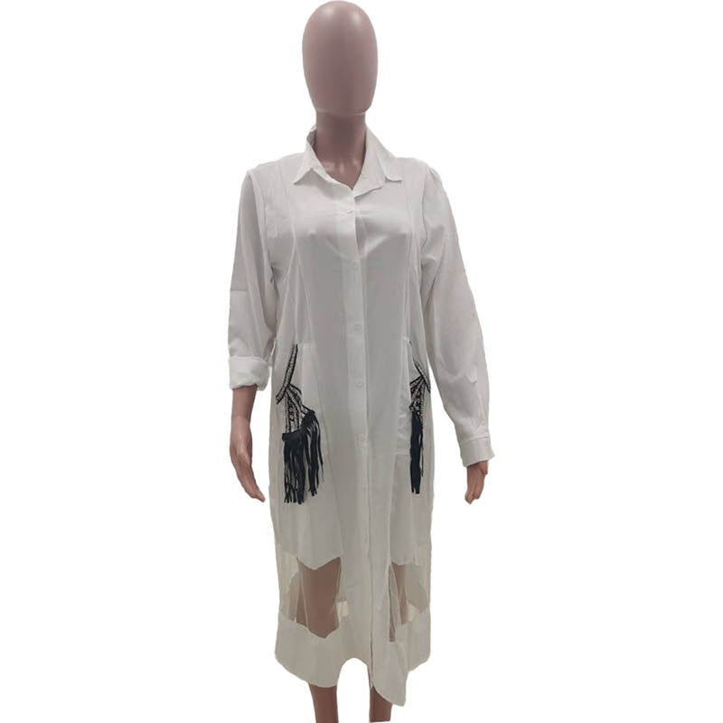 High Quality Casual Stitching Mesh Cardigan Shirt Midi Dress