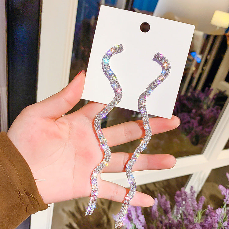 2020 silver snake shape long rhinestone earrings