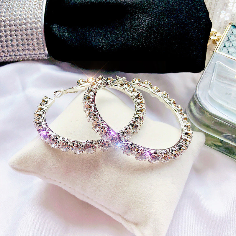925 Sterling Silver Post 5.5cm Big Circle Shiny CZ Crystal Hoop