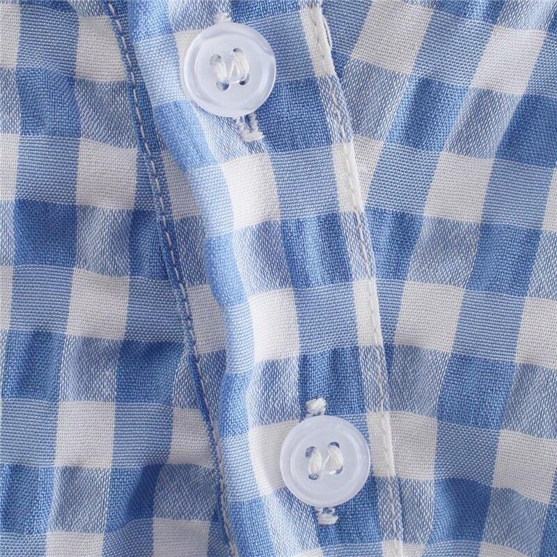 Woman Blue Skew Collar Plaid  Tops Ladies Elegant Button Top Female