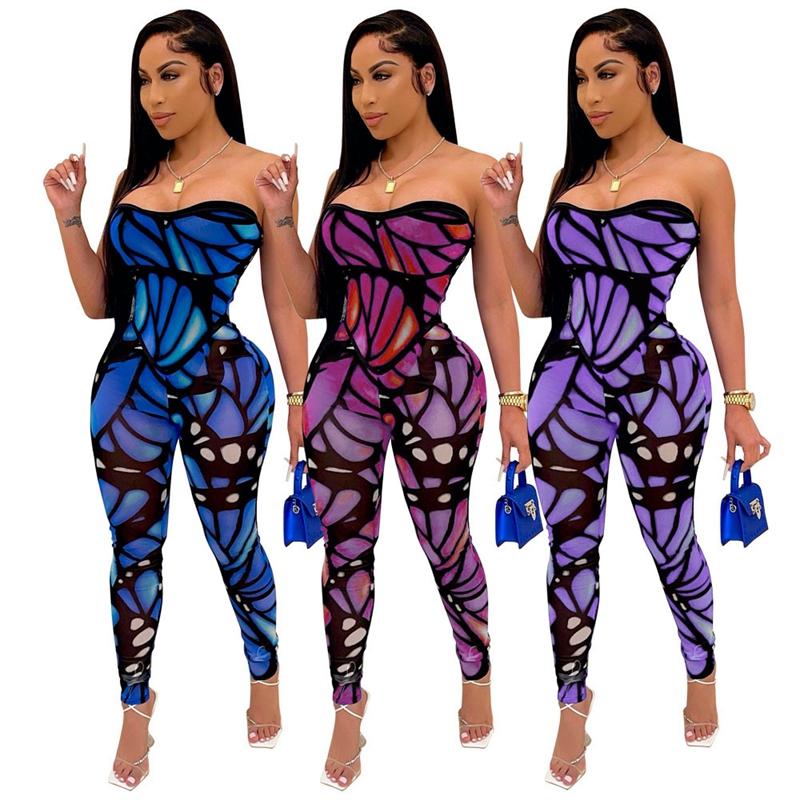 Butterfly Print Sexy Jumpsuit Women Bodycon Club Party Rompers Womens