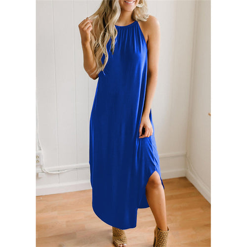 Women Dress Summer 2021 Casual Sleeveless Halter Solid Beach Long
