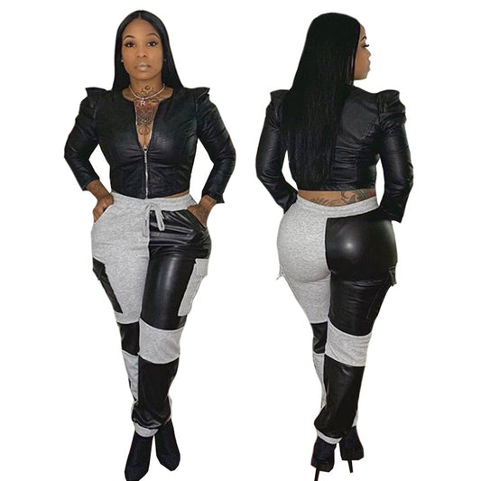 European and American mid-waist pants sweater leather stitching