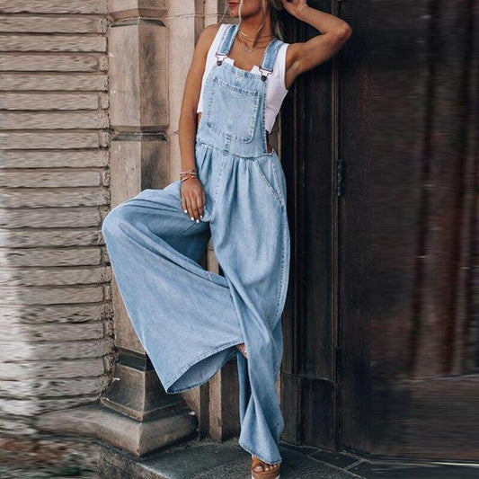 Sexy Solid Color Denum Jumpsuits Wide Leg Pants Cowby Overalls