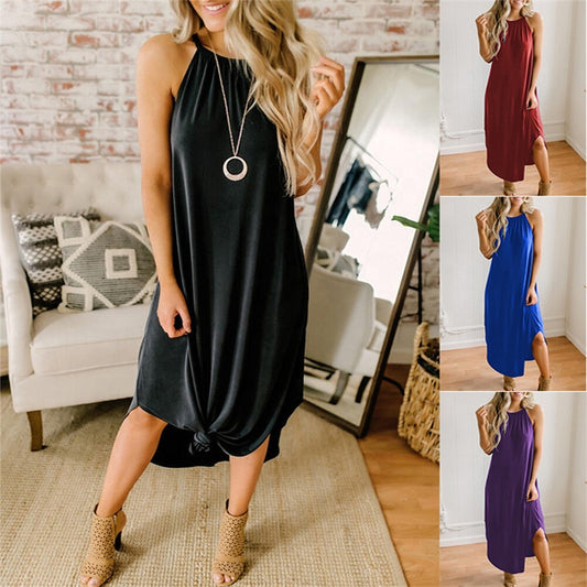 Women Dress Summer 2021 Casual Sleeveless Halter Solid Beach Long