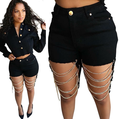 MN237 New fashion women's shredded chain design and knee jeans
