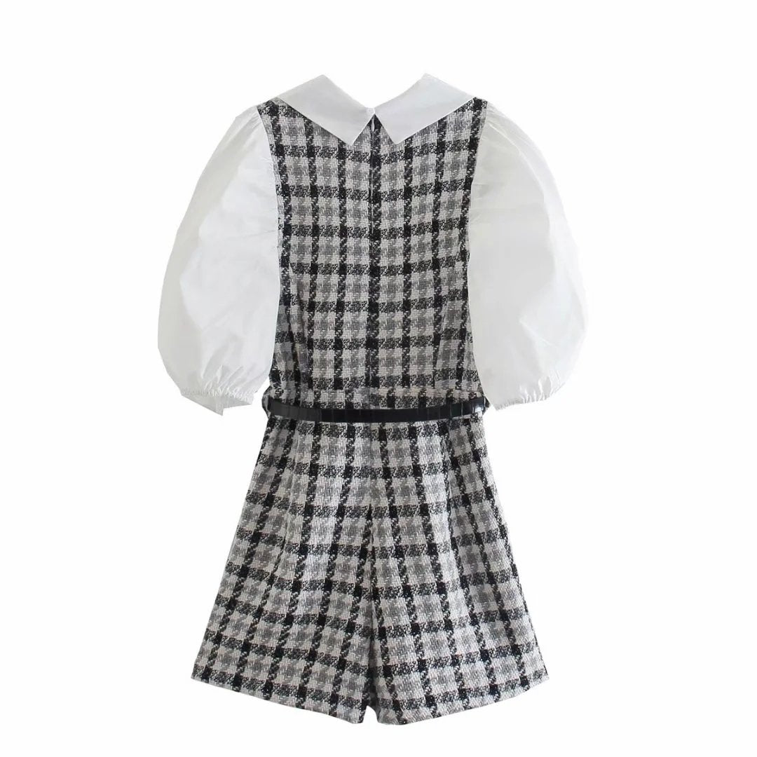Tweed Knitted Plaid Romper Overalls for Women Vinatge Puff Sleeve