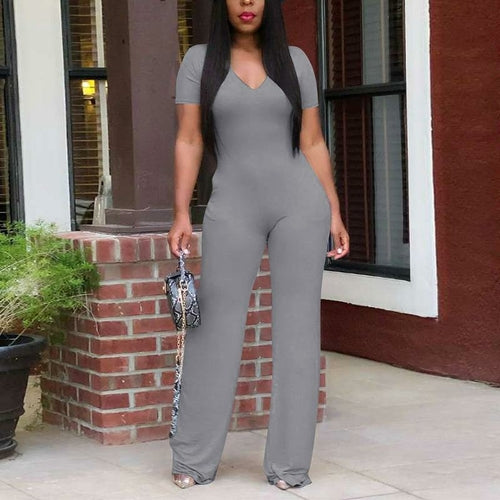 Short Sleeve V Neck Solid Slim Jumpsuit Casual Summer Long Overalls
