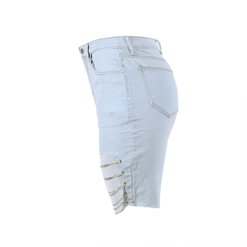 MN237 New fashion women's shredded chain design and knee jeans