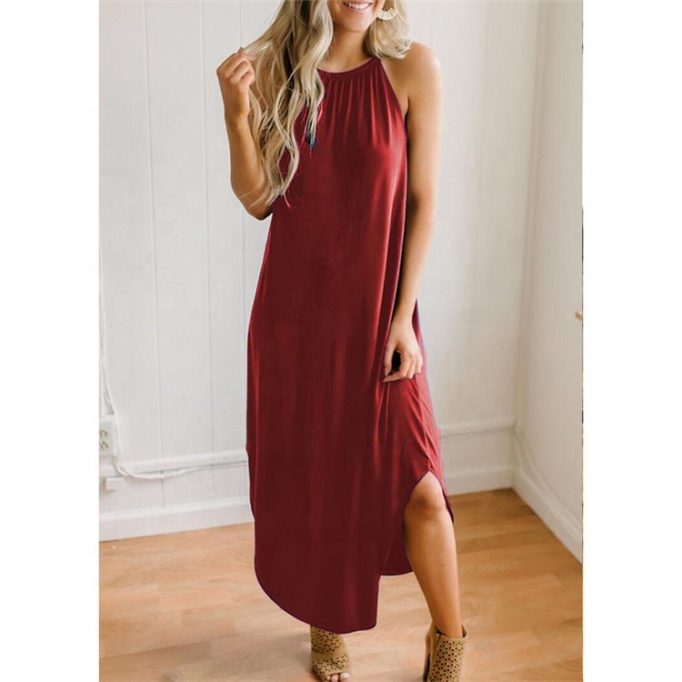 Women Dress Summer 2021 Casual Sleeveless Halter Solid Beach Long