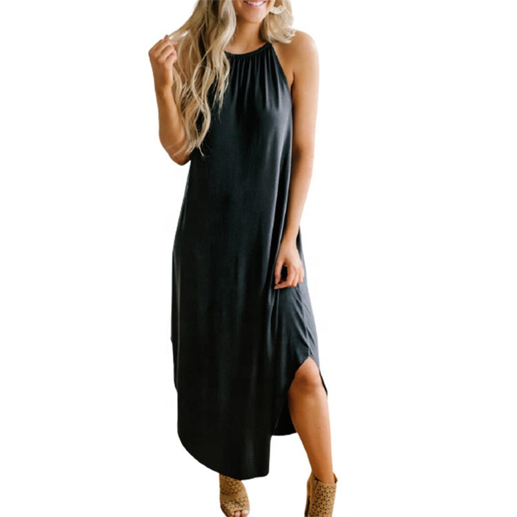 Women Dress Summer 2021 Casual Sleeveless Halter Solid Beach Long