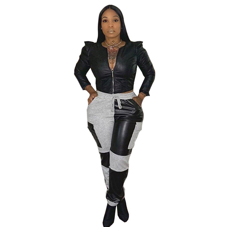 European and American mid-waist pants sweater leather stitching