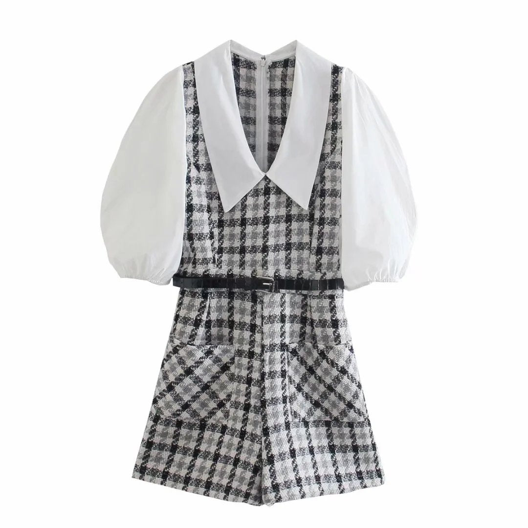 Tweed Knitted Plaid Romper Overalls for Women Vinatge Puff Sleeve