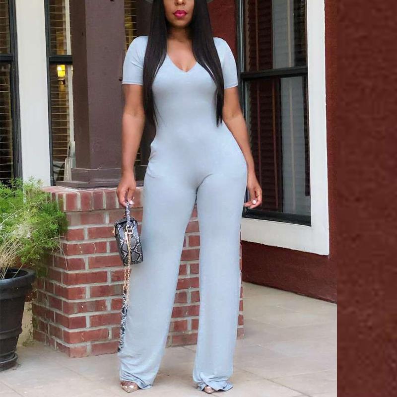 Short Sleeve V Neck Solid Slim Jumpsuit Casual Summer Long Overalls