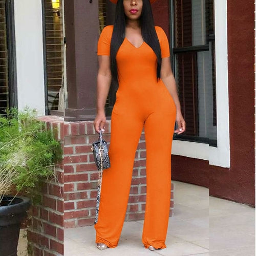 Short Sleeve V Neck Solid Slim Jumpsuit Casual Summer Long Overalls