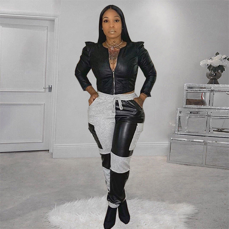 European and American mid-waist pants sweater leather stitching