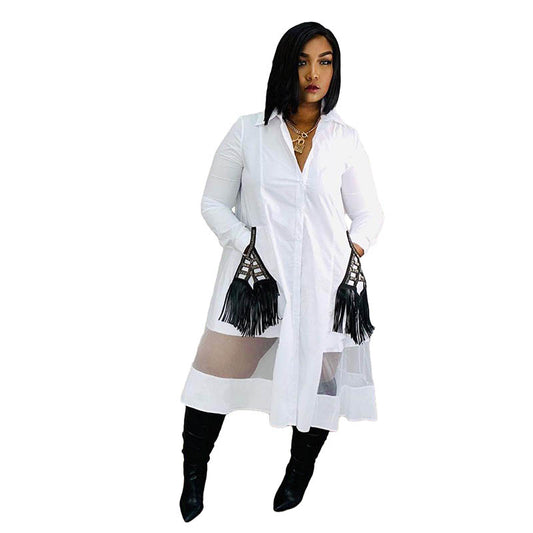High Quality Casual Stitching Mesh Cardigan Shirt Midi Dress