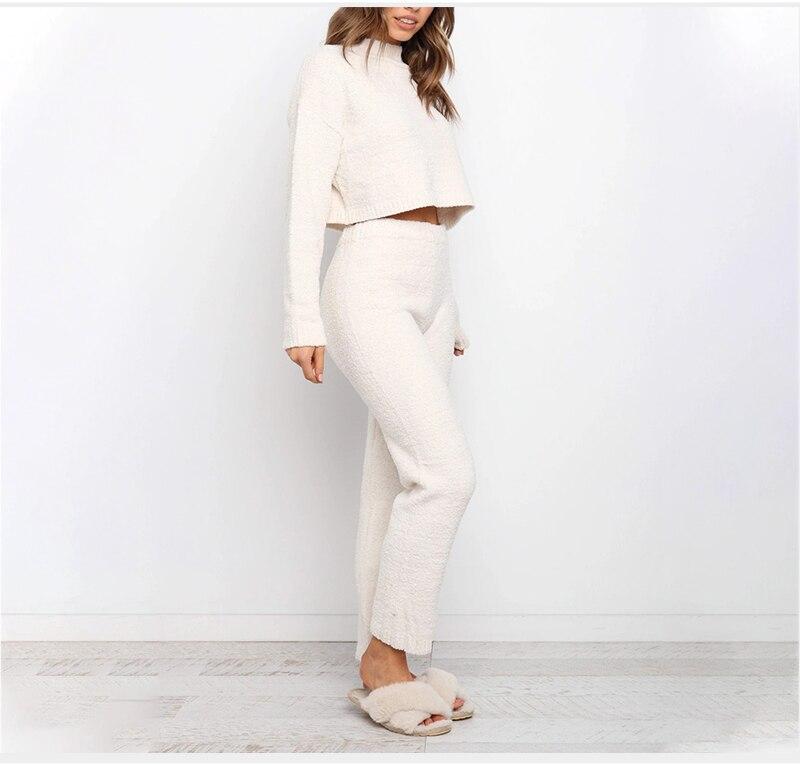 White Knitted Two Piece Set For Women O Neck Long Sleeve Short Top