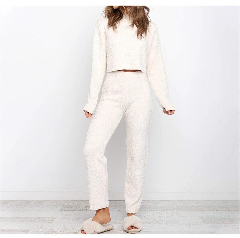 White Knitted Two Piece Set For Women O Neck Long Sleeve Short Top
