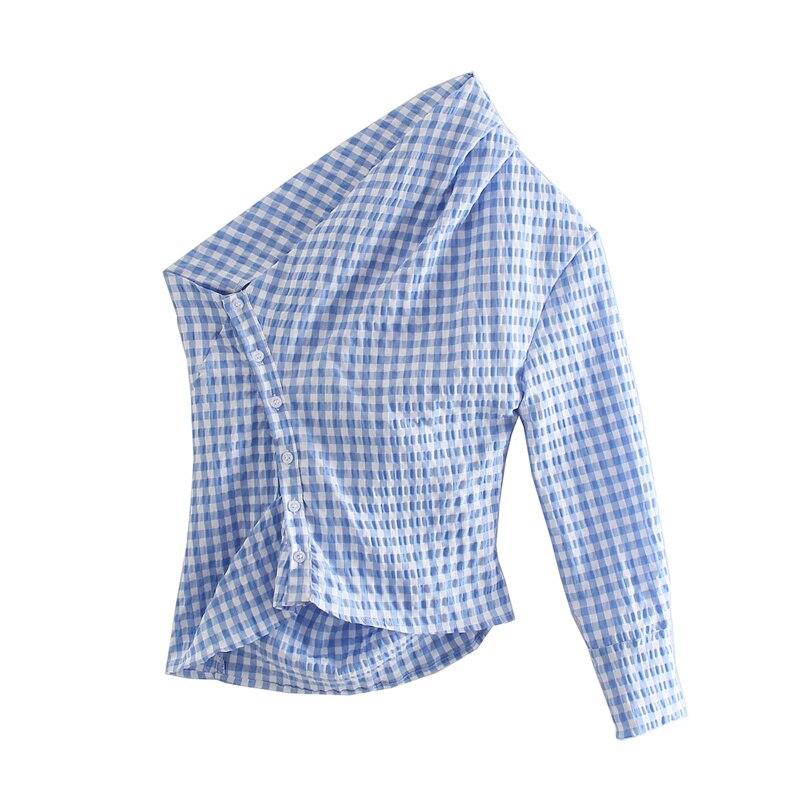 Woman Blue Skew Collar Plaid  Tops Ladies Elegant Button Top Female