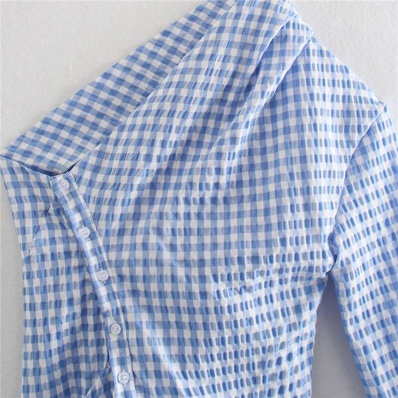 Woman Blue Skew Collar Plaid  Tops Ladies Elegant Button Top Female