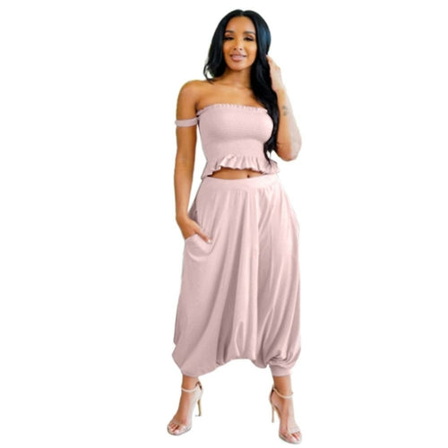 Ruffles Slash Neck Short Sleeve Short Tops Long Pants Summer Beach
