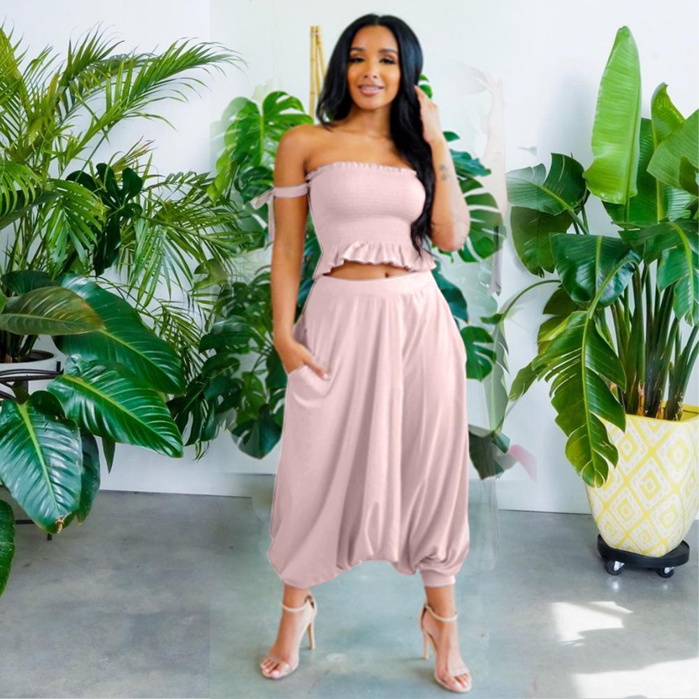 Ruffles Slash Neck Short Sleeve Short Tops Long Pants Summer Beach