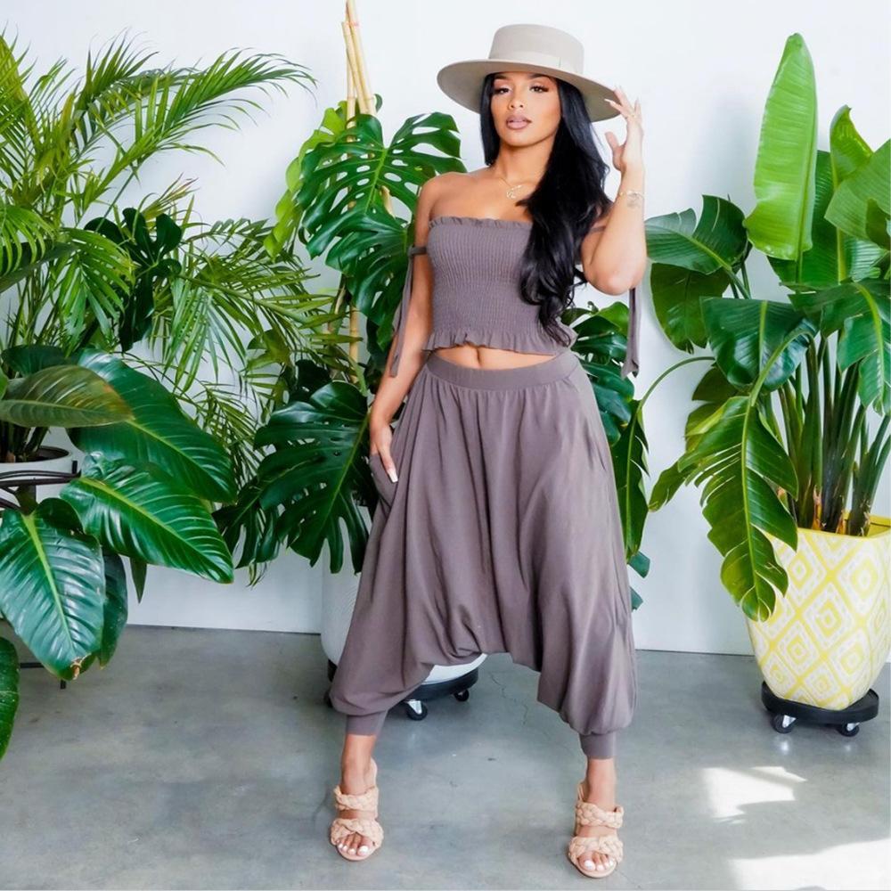 Ruffles Slash Neck Short Sleeve Short Tops Long Pants Summer Beach