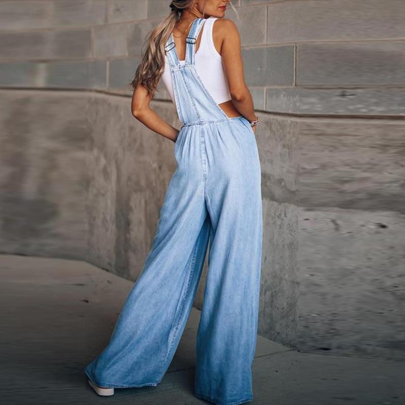 Sexy Solid Color Denum Jumpsuits Wide Leg Pants Cowby Overalls