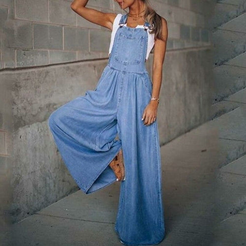 Sexy Solid Color Denum Jumpsuits Wide Leg Pants Cowby Overalls