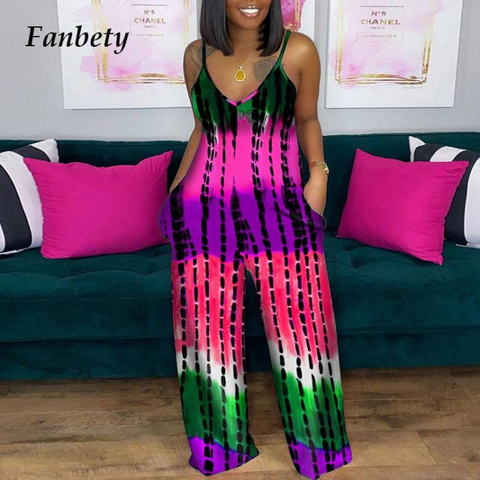 Summer Striped Tie-dye Printed Jumpsuit