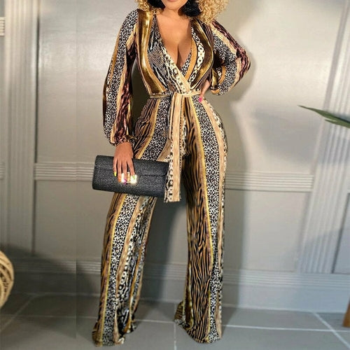 Vintage Pattern Print One Piece Jumpsuit Sexy Deep V Neck Overalls