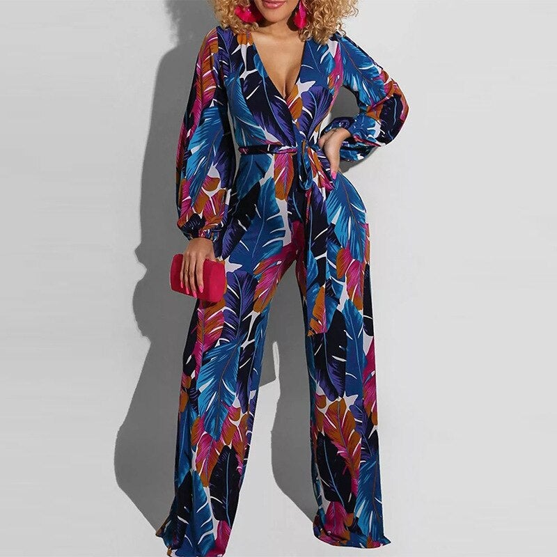 Vintage Pattern Print One Piece Jumpsuit Sexy Deep V Neck Overalls