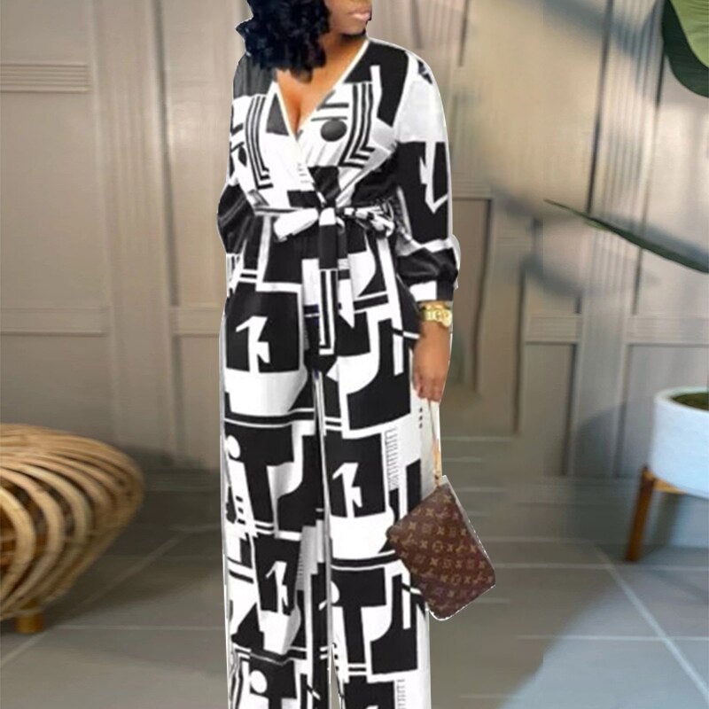 Vintage Pattern Print One Piece Jumpsuit Sexy Deep V Neck Overalls