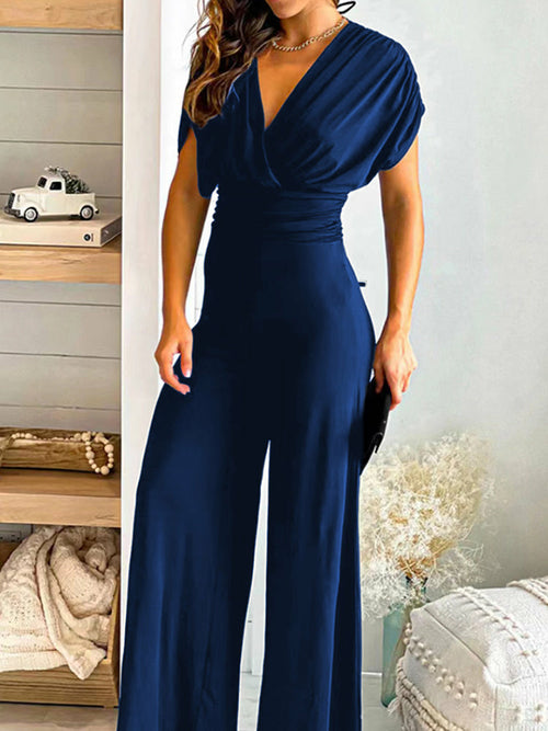 Solid V-Neck Ruched Jumpsuits  Summer Sexy Sleeveless Overalls