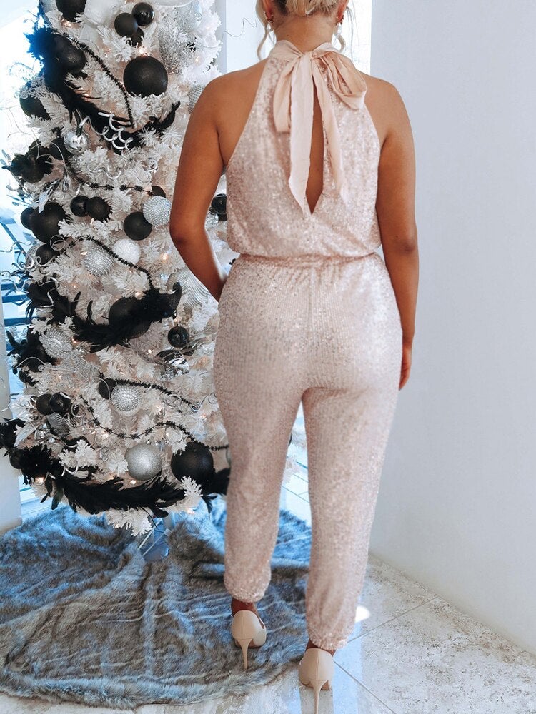 Halter Glitter Sparkly Sequins Jumpsuit Summer Off Shoulder Bow Party