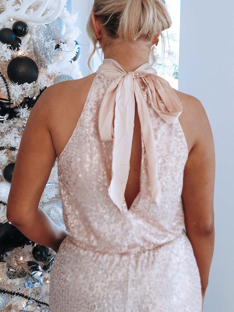 Halter Glitter Sparkly Sequins Jumpsuit Summer Off Shoulder Bow Party