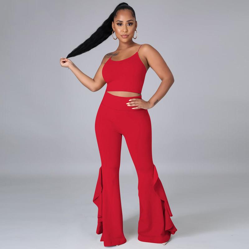 Solid Women Two Piece Outfits Straps Tank Crop Top and Ruffle Flare