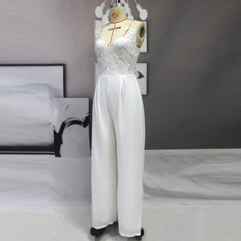 Sleeveless V-Neck Lace Patchwork Party Long Jumpsuit